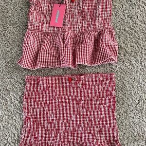 Edikted Red and White Gingham Smocked Mini Skirt Set